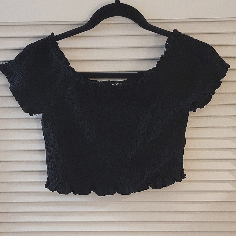 New Look- Black Ruffle Ruched Off-Shoulder Crop Top